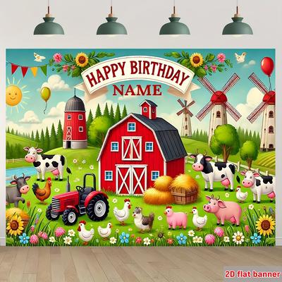 Personalized 2D Flat Birthday Party Background Fabric Joyful Farm Animal Themed Atmosphere Decoration
