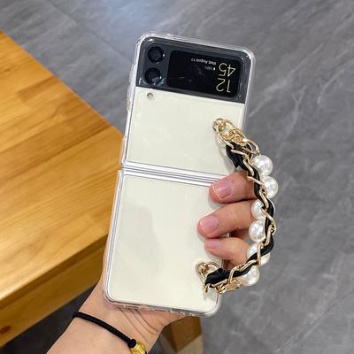 Pearl And Leather Rope Double -Deck Bracelet Phone Case For Samsung Galaxy Z Flip 3 4 Transparent Pc Shockproof Protective Cover