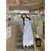 Women's Blue Striped Short-Sleeve Layered Shirt Dress – New 2026 Korean Style, Loose Mid-Length Two-Piece Summer Set.