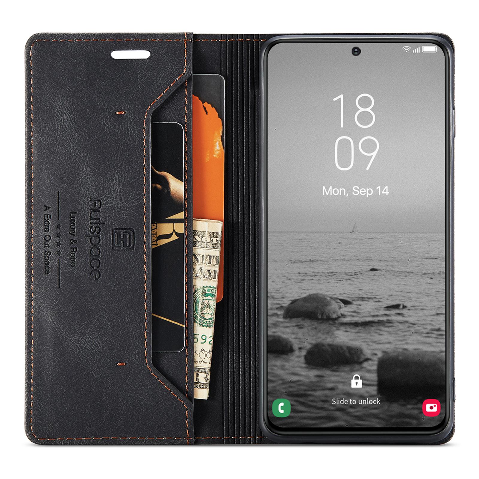 

AUTSPACE A01 Series for Samsung Galaxy S23+ RFID Blocking Cell Phone Case Stand Wallet Retro Texture Shockproof PU Leather Matte Phone Cover Black