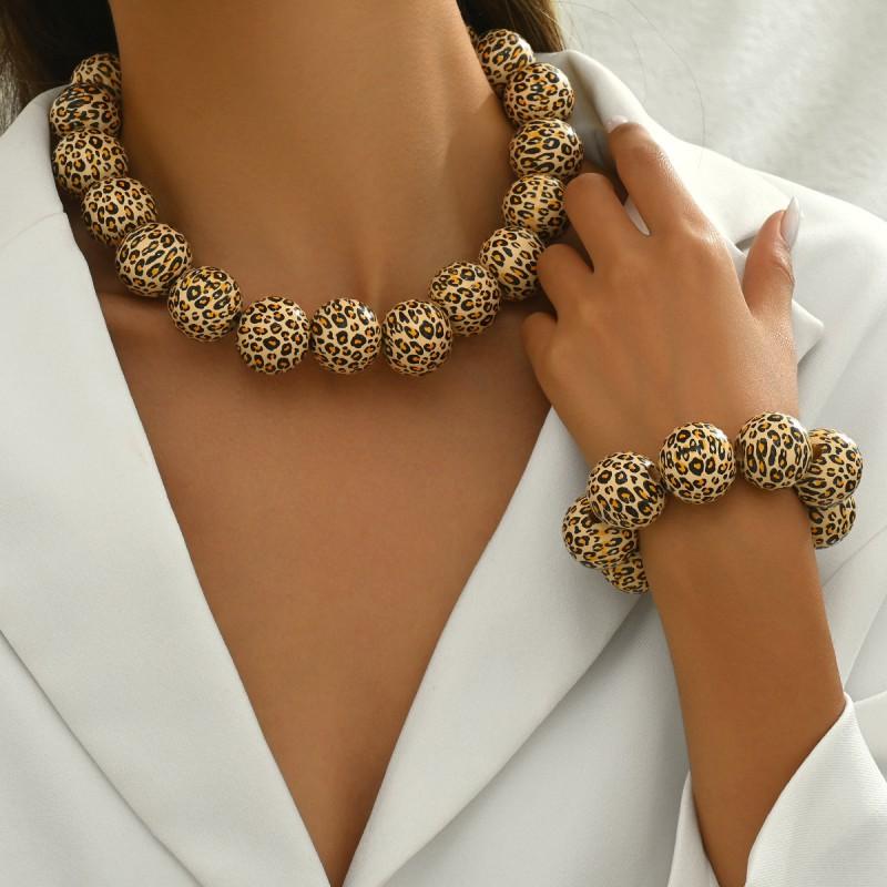 Handmade Wooden Beaded Necklace Set With Leopard Print Accents Boho Chic Statement Collar Chain Women Fall Winter