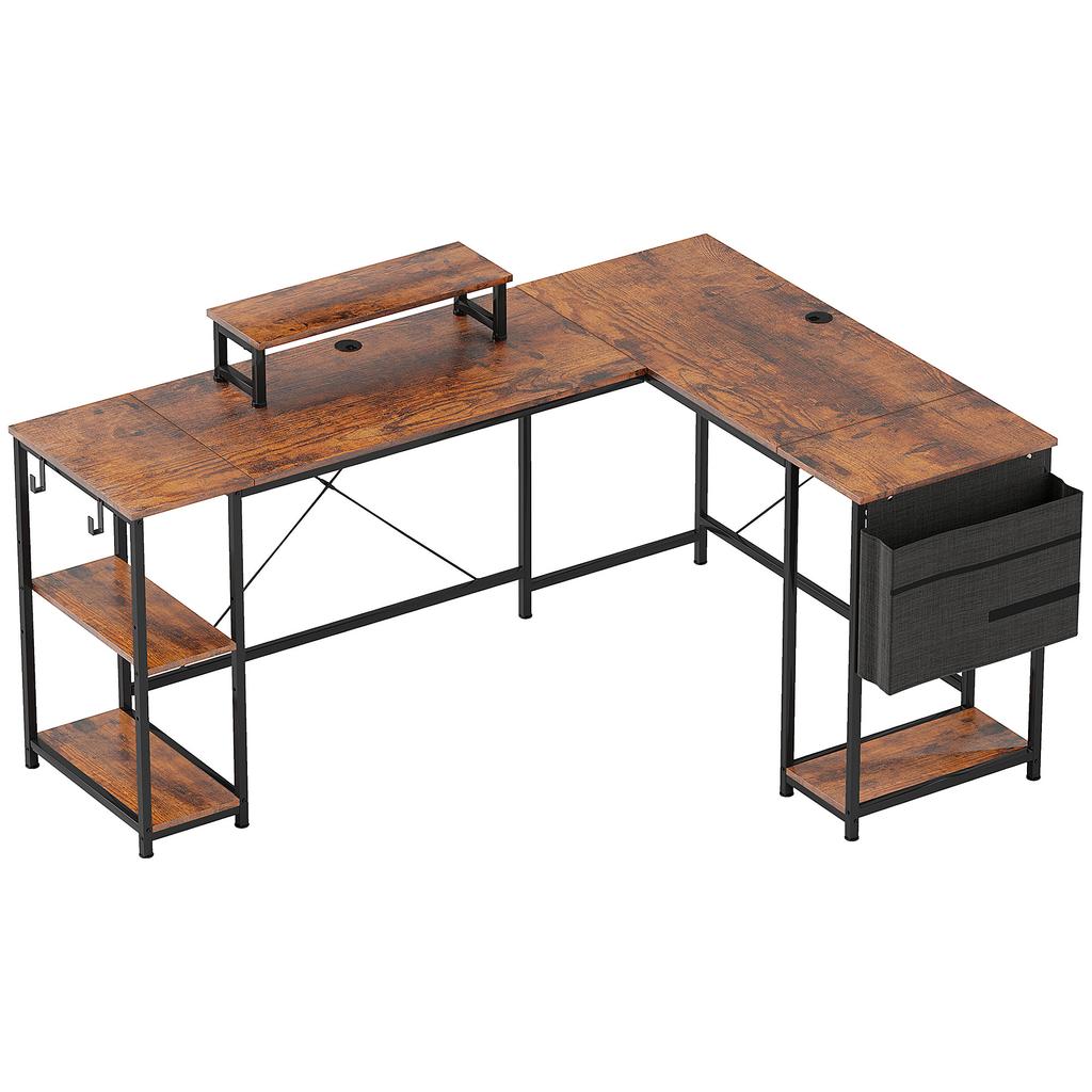 L-Shaped Desk, Versatile Office Desk with Adjustable Shelves and Storage Bag, Monitor Stand, Brown