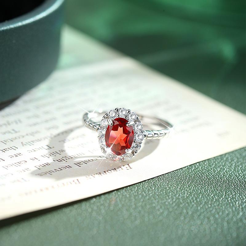 S925 Silver Oval Gemstone Ring, Adjustable Cubic Zirconia Women's Fashion Jewelry