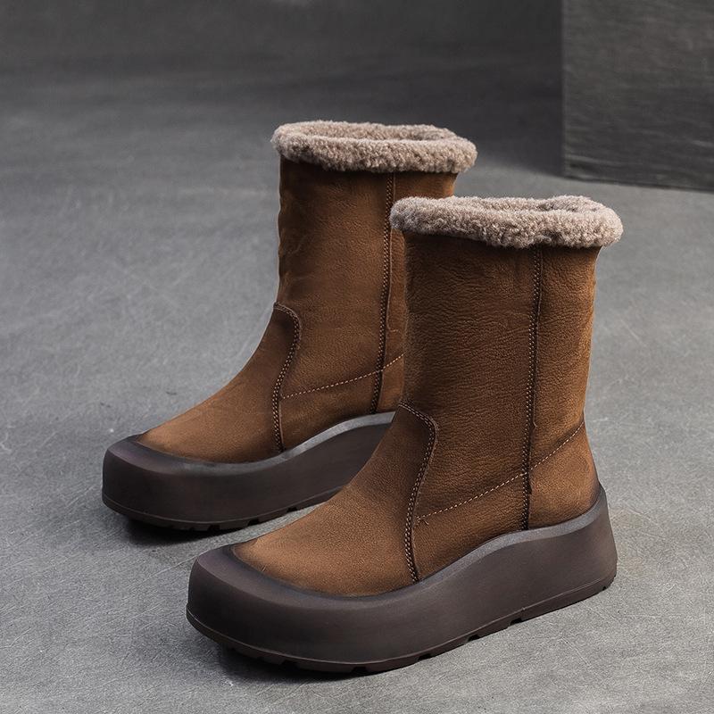 Fashion GKTINOO Genuine Leather Snow Boots Platform Plush Warm Winter Mid-Calf Boots Women Booties Thick Soled Shoes