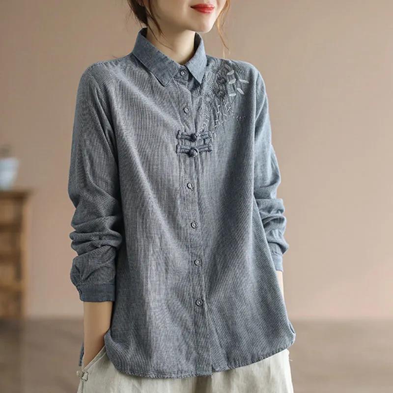 Camicia Retrò Letteraria e Artistica in Cotone e Lino da Donna Primavera Autunno Ricamo Stile Etnico Top da Donna con Bottoni a Disco in Stile Cinese
