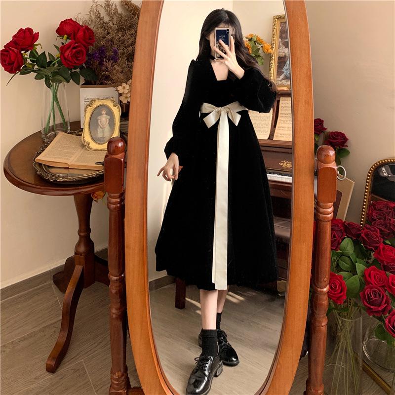 Official Photo: French Velvet Large Tie Bow Dress with Lining & Zipper - Slim & Long