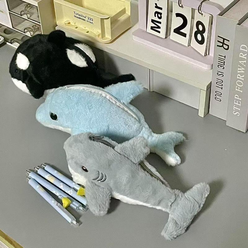 Carino Cartone Animato Piccolo Delfino Squalo Peluche Astuccio Grande Capacità Borsa per Cancelleria Astuccio Multiuso Borsa in Peluche