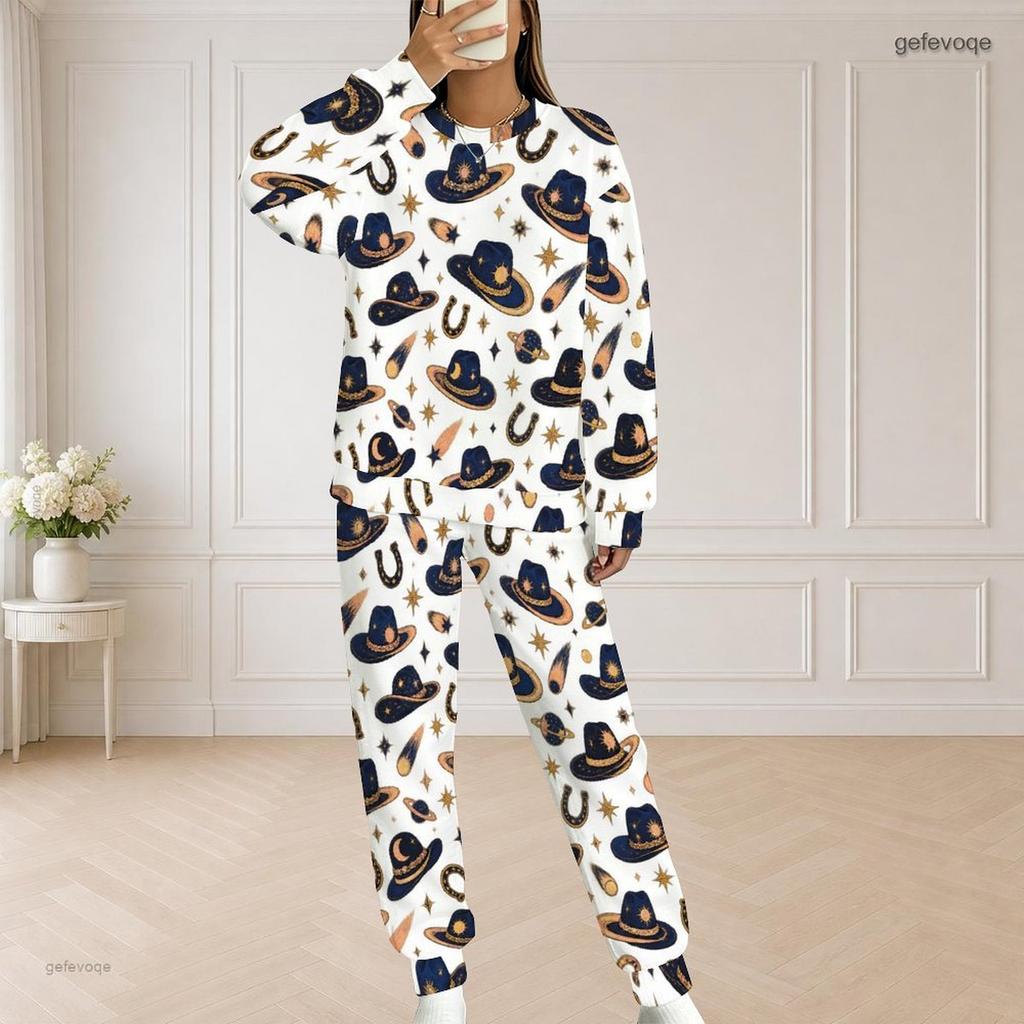 Women Plus Size Round Neck Long Sleeve Top And Long Pants Printed Two Piece Set