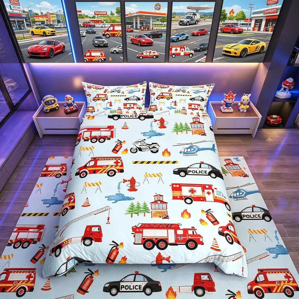 Children'S Fire Truck Bedding Set Single Police Car Truck Bedding Motorcycle And Airplane Bedding Set For Boys And Teenagers