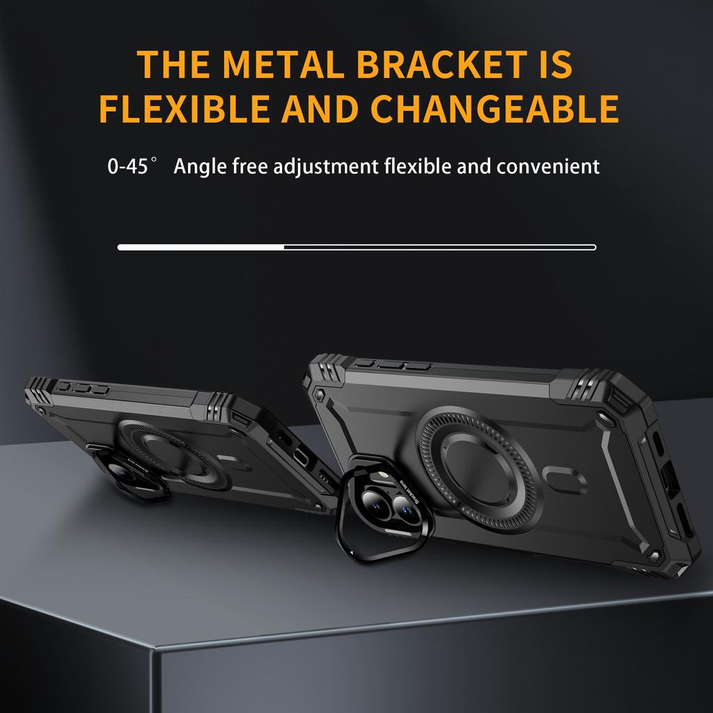 For iPhone 16 Case Compatible with MagSafe Metal Lens Frame Kickstand PC+TPU Mobile Cover