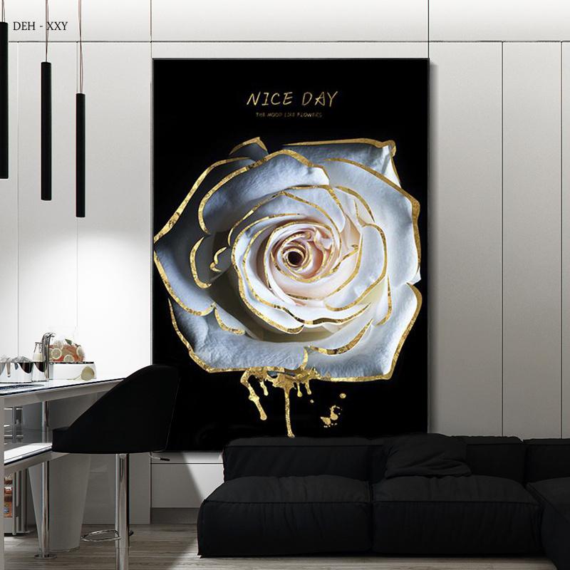 Luxury Plants White Flowers Wall Art Painting Picture Golden Art Canvas Poster Prints Nordic Flowers Art for Living Room Decor