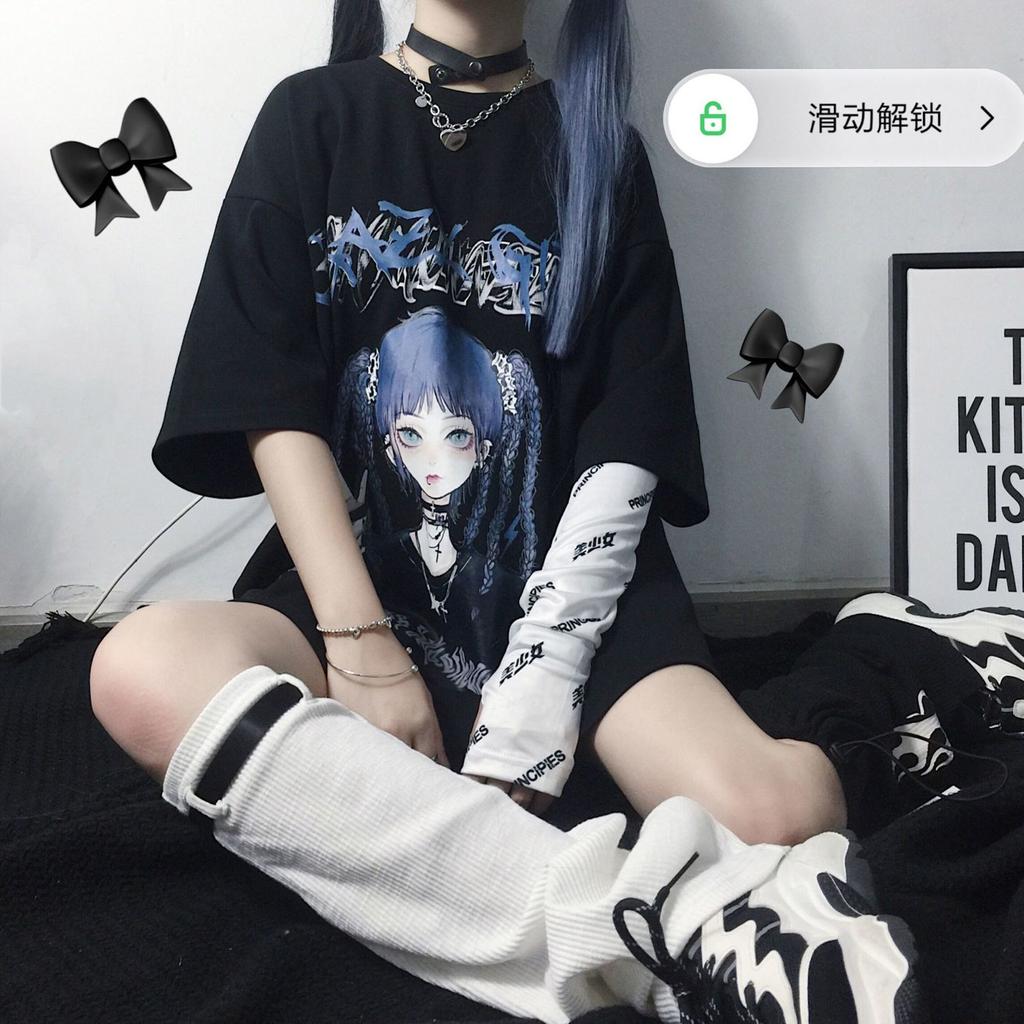 Women T-shirt Harajuku Goth Female Tee Aesthetic Loose Punk Dark Grunge Ladies Gothic Top T-shirts Clothes Y2k Streetwear