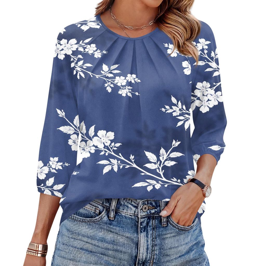 Women's Floral Print 3/4 Sleeve Round Neck Pleated Top Lightweight Casual Blouse Suitable for Daily Wear and Various Occasions