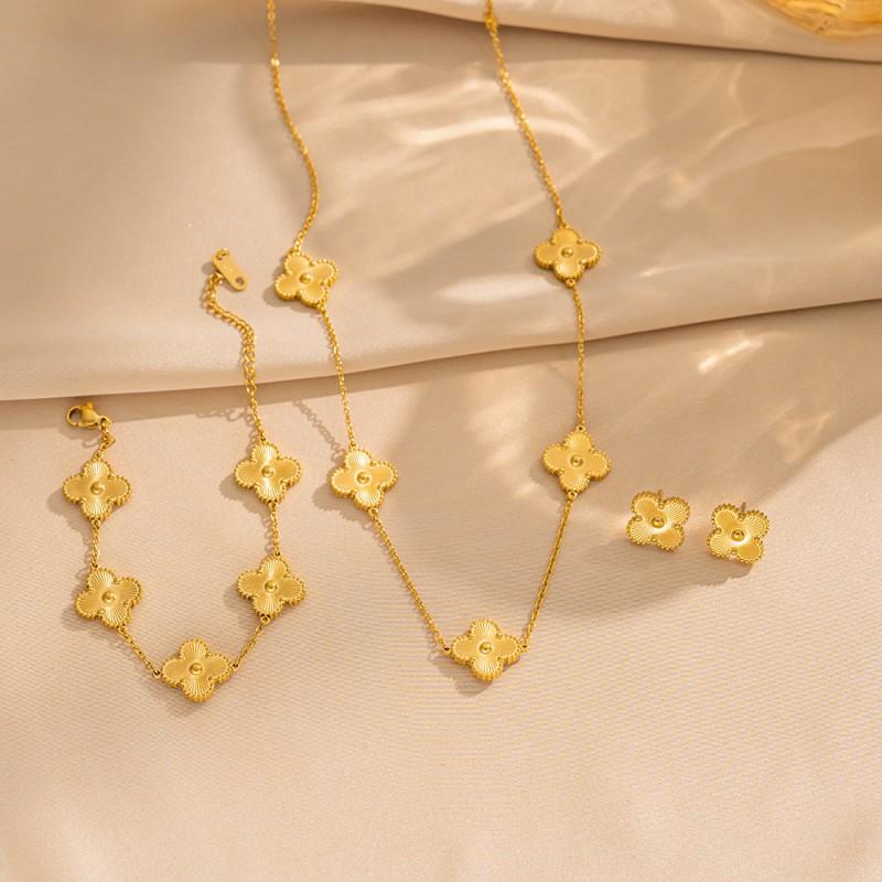 Double-Sided Lucky Clover Titanium Steel Necklace Earring Set Women Minimalist Fashion Daily Wear