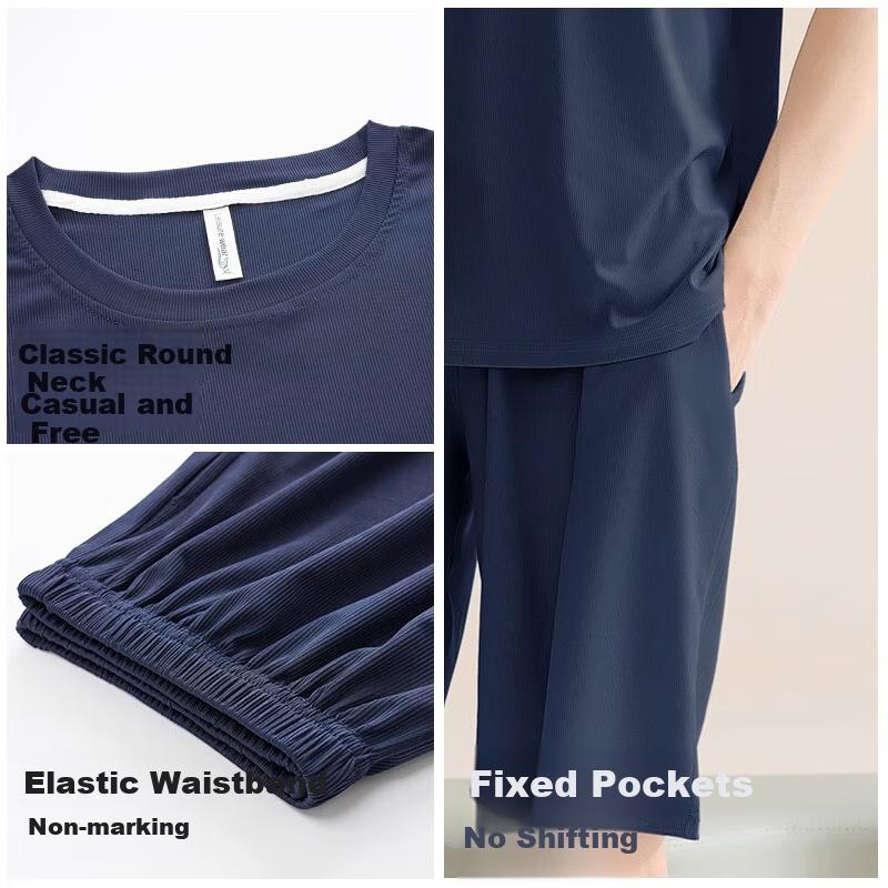 XUEXIMAN Men's Pajamas, 2026 New Summer Style, Ice Silk Ribbed Short Sleeve Shorts, Thin Comfortable Wearable Loungewear Set