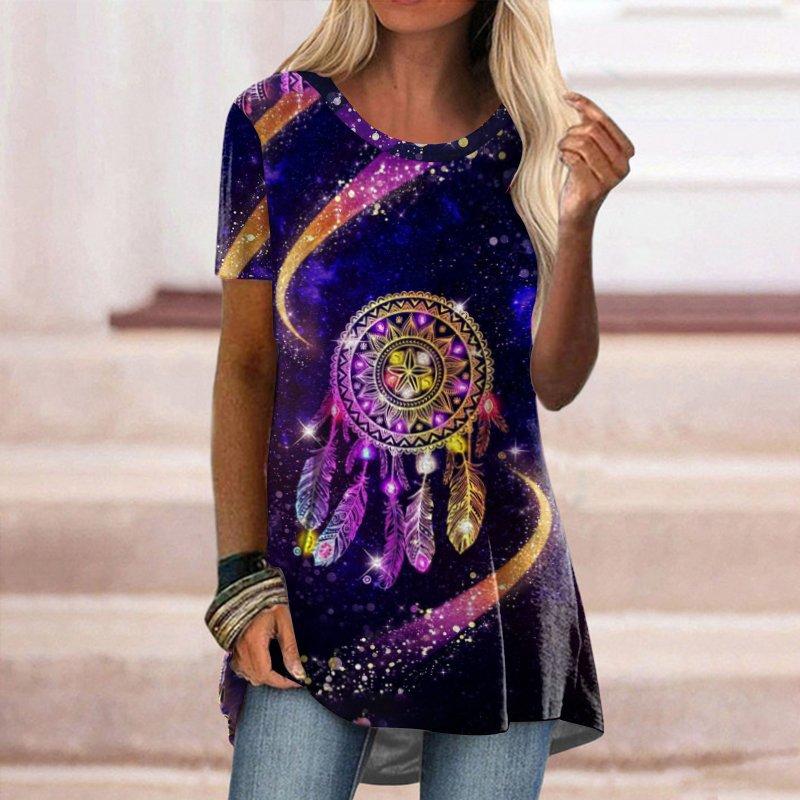 Women's Round Neck Short Sleeve Geometric Print Tunic Top Casual Asymmetrical Hem Blouse