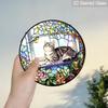2D Flat Stained Glass Cat Window Decoration, 7.87inches Cat On The Windowsill Flowers Design Colored Glass Plate with Chain, Charming Spring Summer