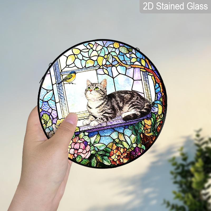 2D Flat Stained Glass Cat Window Decoration, 7.87inches Cat On The Windowsill Flowers Design Colored Glass Plate with Chain, Charming Spring Summer