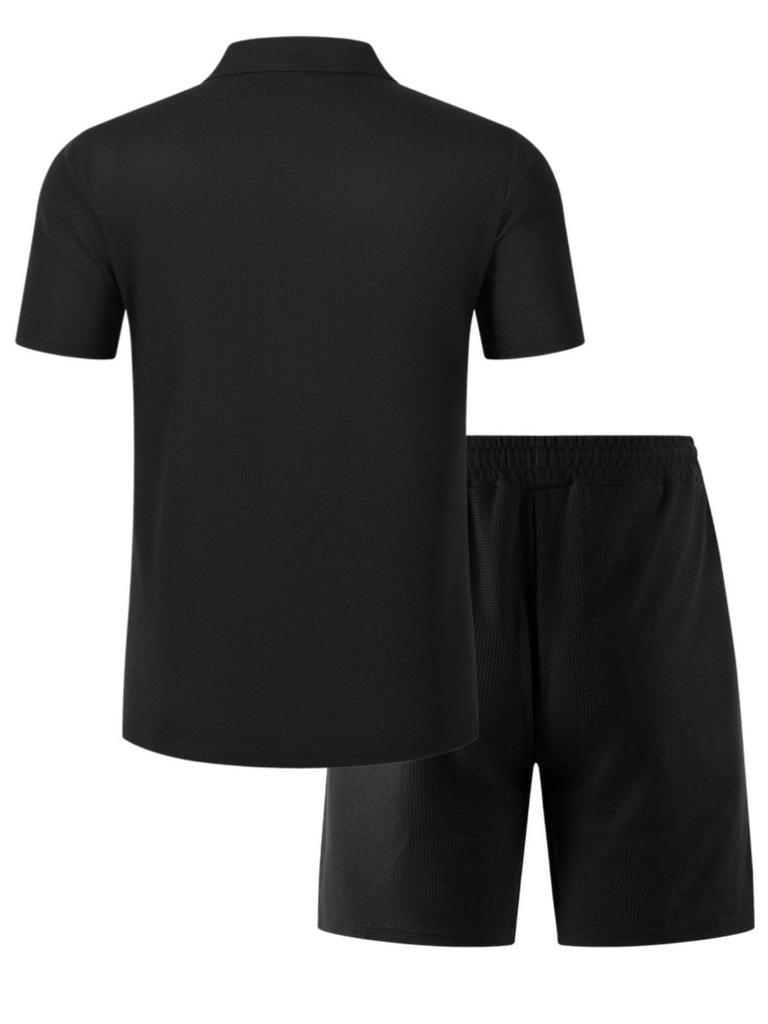 Conjunto Casual Deportivo de Dos Piezas para Hombre: Camiseta de Manga Corta con Cuello en V de Color Sólido y Pantalones Cortos