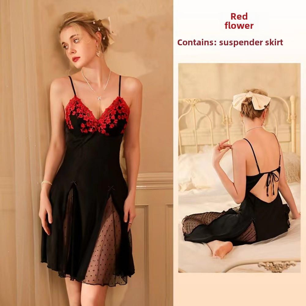 

Sexy Pajamas Satin Suspender Pajamas Loungewear Lace Stitching Pajamas L