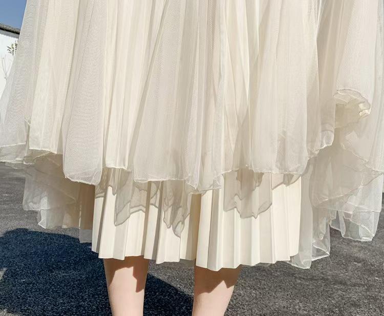 Apricot Irregular Mesh Fishtail Midi Skirt - European Style Elastic High Waist Pleated Fairy Skirt for Women, Spring/Summer