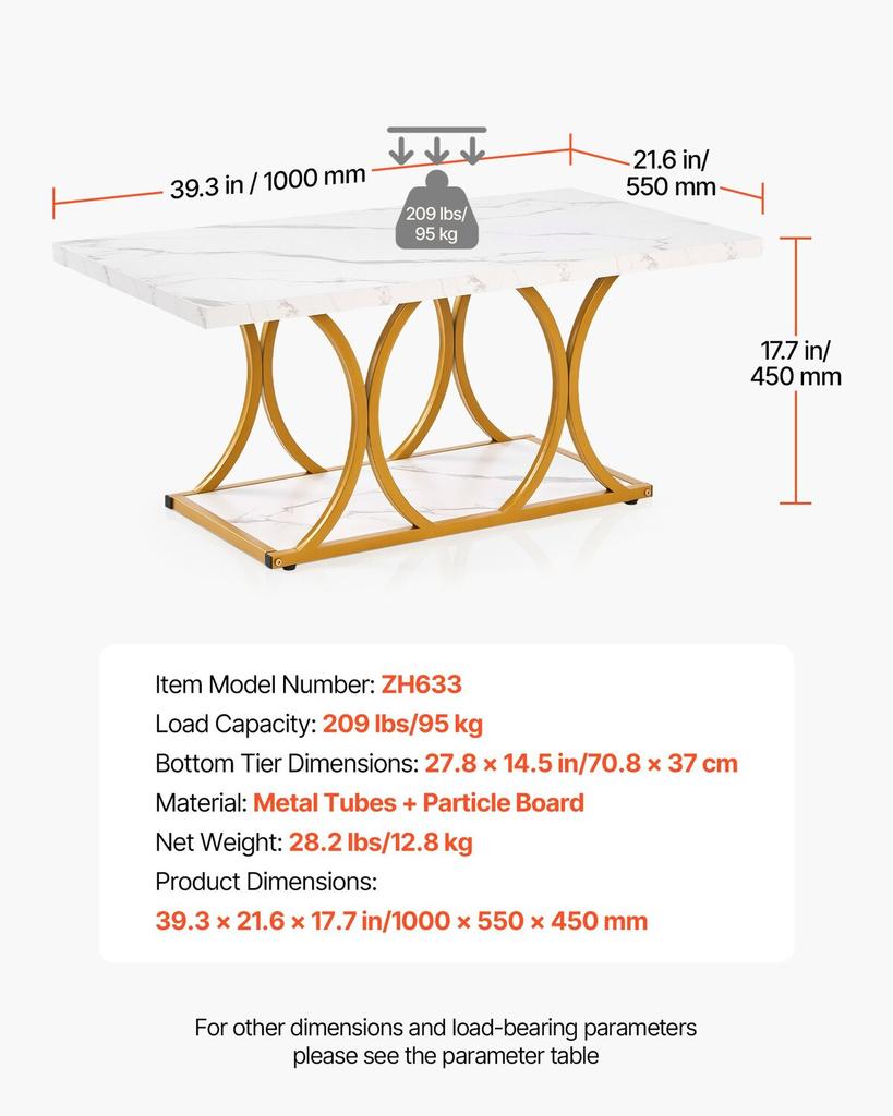 Coffee Table, Modern Faux Marble Coffee Table, 2-Tier Rectangle Center Desk with Geometric Legs, Minimalist Sturdy Metal Frame Accent End Desk for