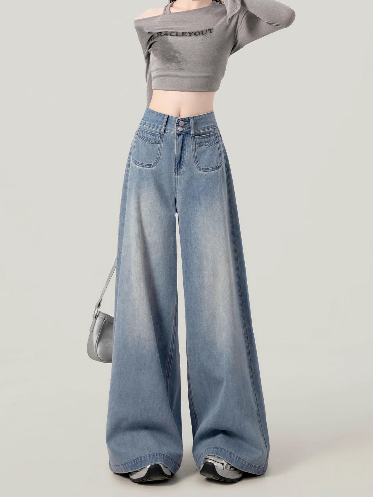 

Женские джинсы с высокой посадкой и широкими штанинами, Лето 2025 - Светлый цвет, Большой размер, Слим-фит, Длина в пол, Дизайн для фигуры типа груша . S светло-синий