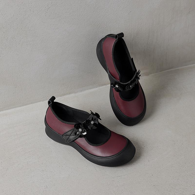 

Cowhide version~ retro sports style Velcro genuine leather Mary Jane shoes black versatile flower round head ballet shoes 39 бордовый