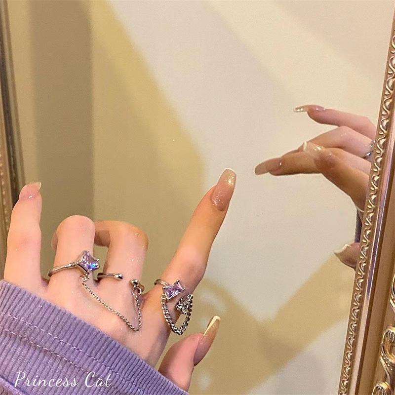 

2024 Y2K Shiny Purple Color Zircon Chain Rings For Women Fashion Party Gifts Lucky Zircon resizable