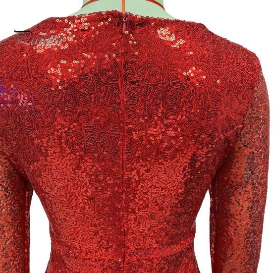 Women Evening Dress Sequin Deep V Neck Long Sleeves Slim Fit Fishtail Hem Sequin Floor Length Sheath Back Zipper Closure Maxi Dress