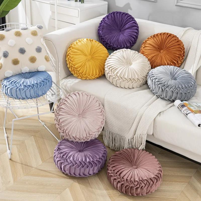 Light Luxury Solid Color Dutch Plush Pumpkin Sofa Pillow Handsewn Wheel Shape Chair Waist Pillow Cushion