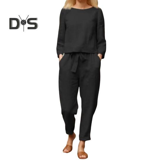 

2 шт./комплект женский топ брюки комплект круглый вырез длинный рукав блузка винтажные эластичный пояс брюки повседневный досуг свободный наряд S чёрный