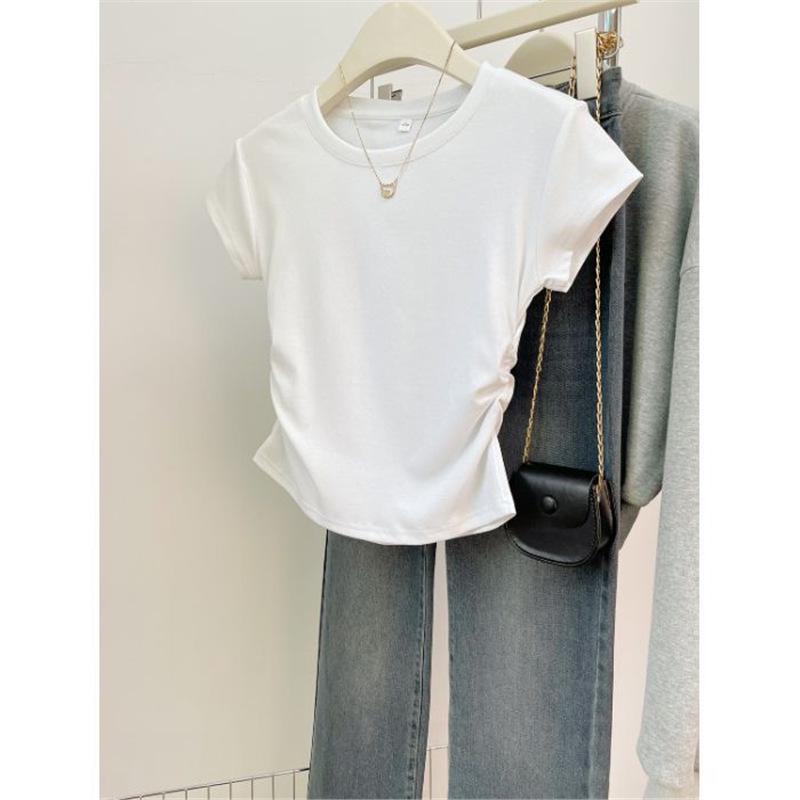 

Women s Solid Color Ruched Shoulder Short Sleeve T-Shirt with Irregular Waist XL