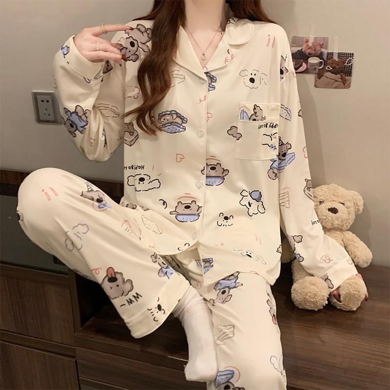 Womens Cute Cartoon Pajamas Set Long Sleeve Loose Loungewear Students Home Wear