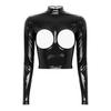 Women's Wetlook Patent Leather Mock Neck Long Sleeve Hollow Out Crop Tops Clubwear