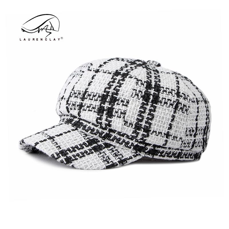 

Женская шляпа Клетчатая восьмиугольная шляпа Женский британский винтажный берет Осень и зима Кепка Газетчика Шляпа Художника Тренд белый