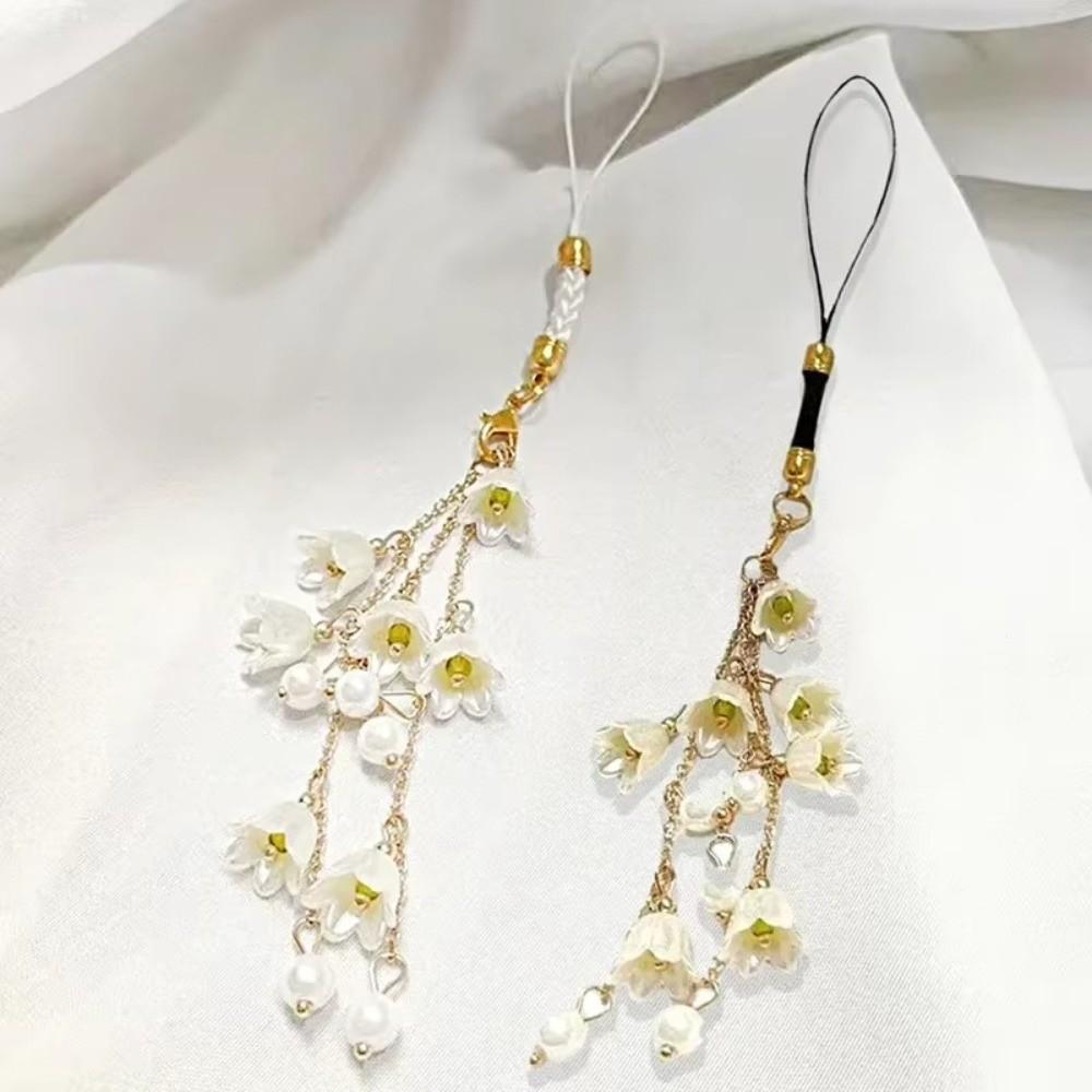 White Lily Flower Mobile Phone Chain Handmade Phone Strap Keychain Phone Chain for Women Girls