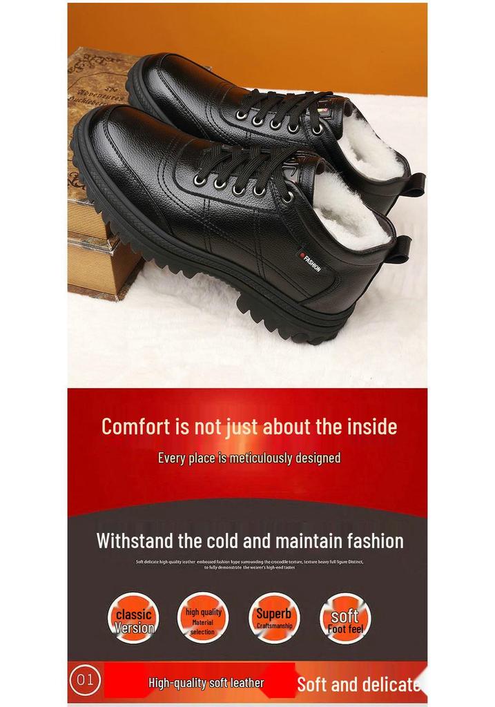 Men's High-Top Winter Leather Cotton Shoes - Thick, Warm, Casual Style