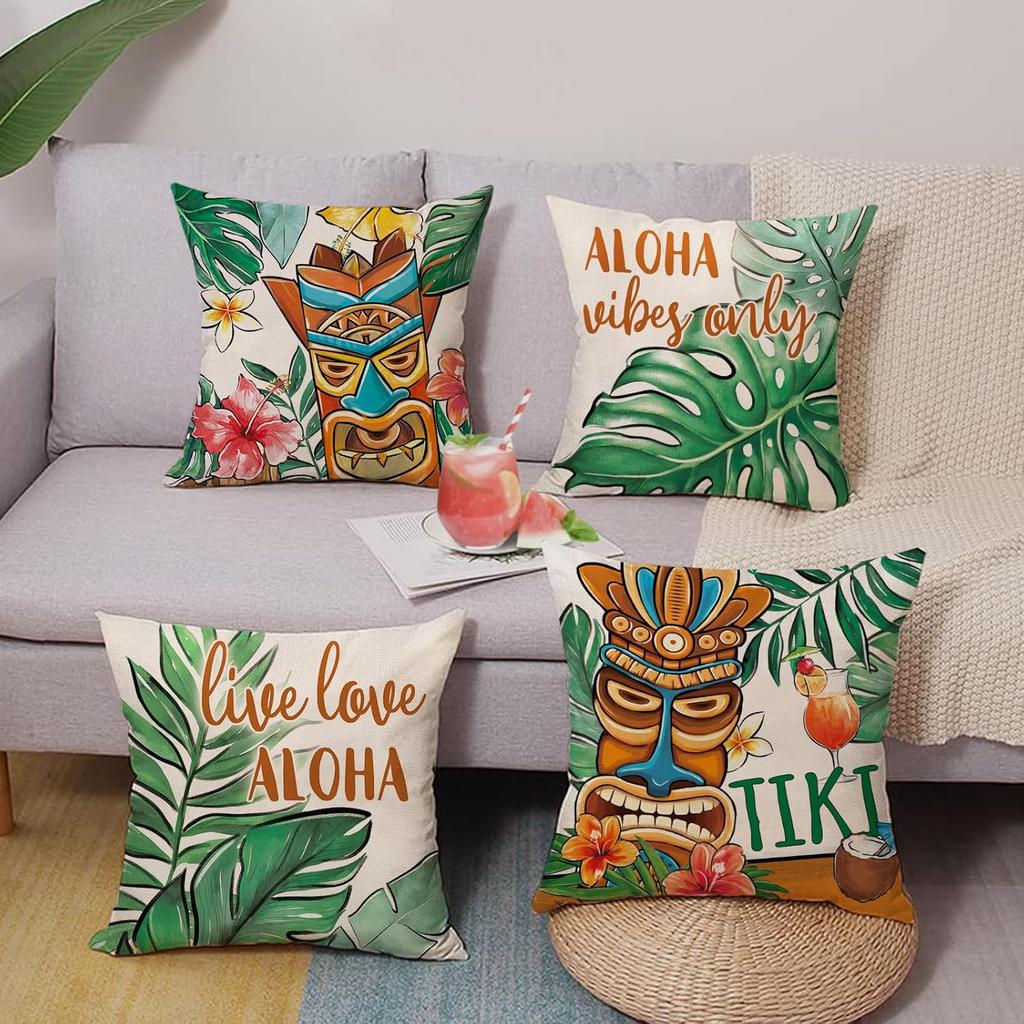 Summer Tiki Palm Leaves Decorative Throw Pillow Covers 18 x 18 Set of 4, Aloha Vibes Only Tropical Hawaii Monstera Porch Outdoor Home Decor, Live