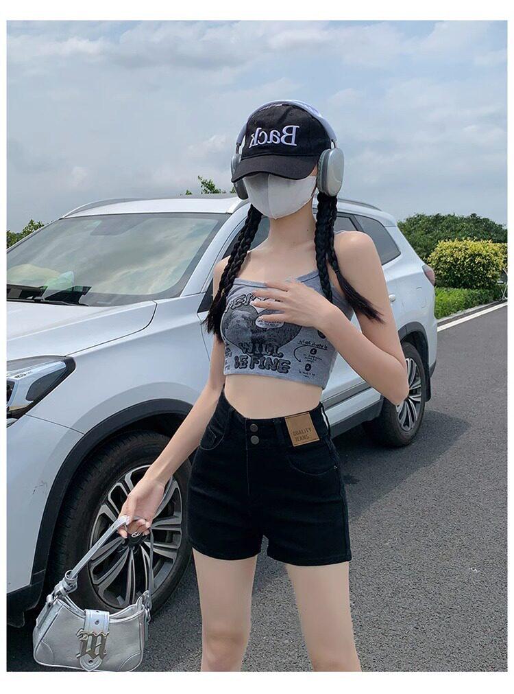Women's Plus Size High Waist Black Denim Shorts - Spicy Girl A-line Summer Design