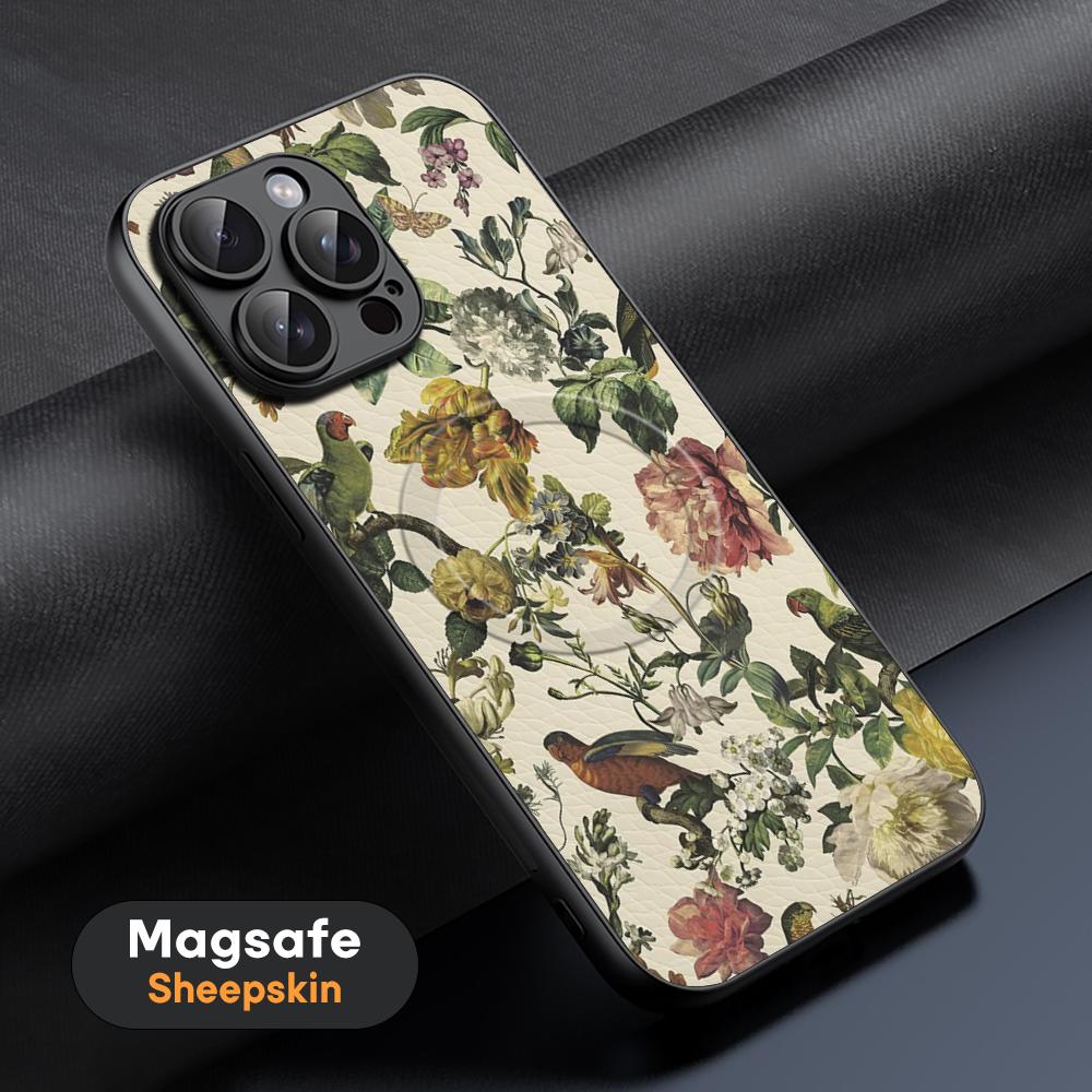 Art Retro floral pattern painting design Phone Case For iPhone 16 15 14 13 12 11 Plus Pro Max High-end Luxury Magsafe Sheepskin