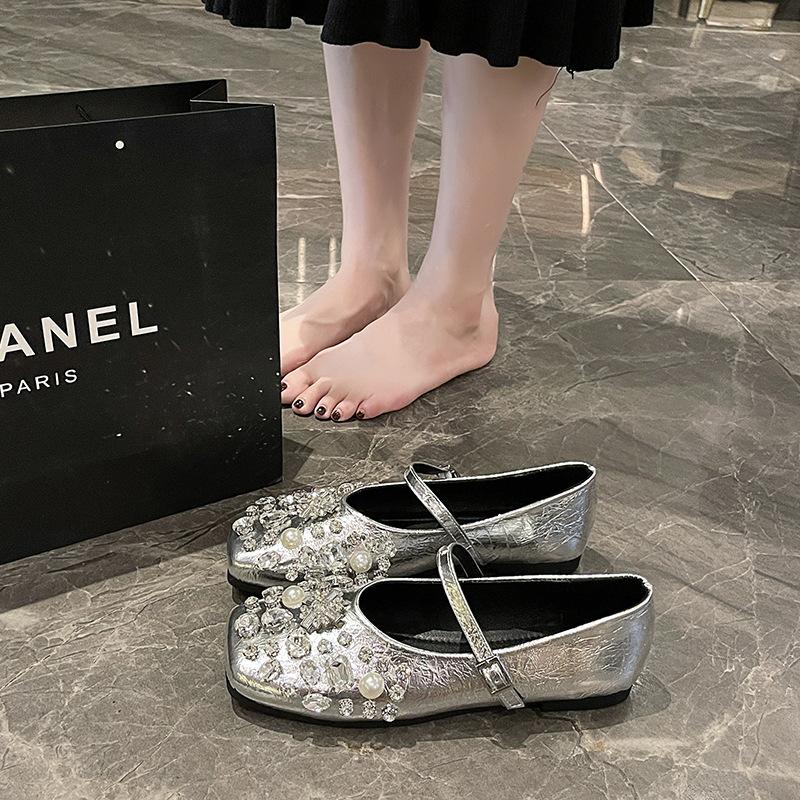 French fairy style silver rhinestone Mary Jane shoes woman spring new square head flat bottom with skirt one-word single shoes woman