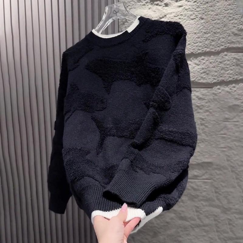 Herbst 2024 Herren Lockerer Sitz Schwarzer 3D-Druck Rundhals Strickpullover
