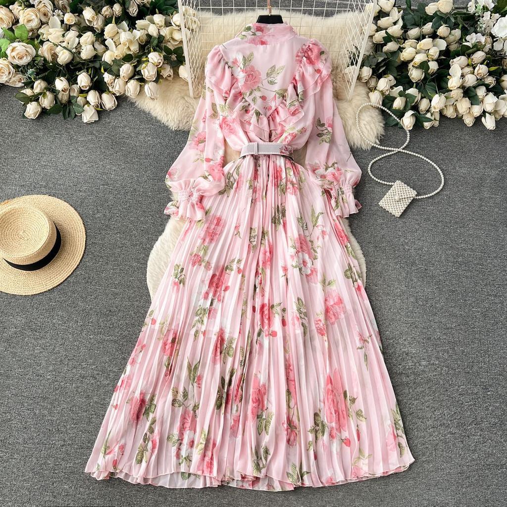 Women Fashion Vintage Elegant Stand Neck High Waist Slim A-line Print Ruffle Edge Chiffon Dress Spring Party Vacation Pleat robe