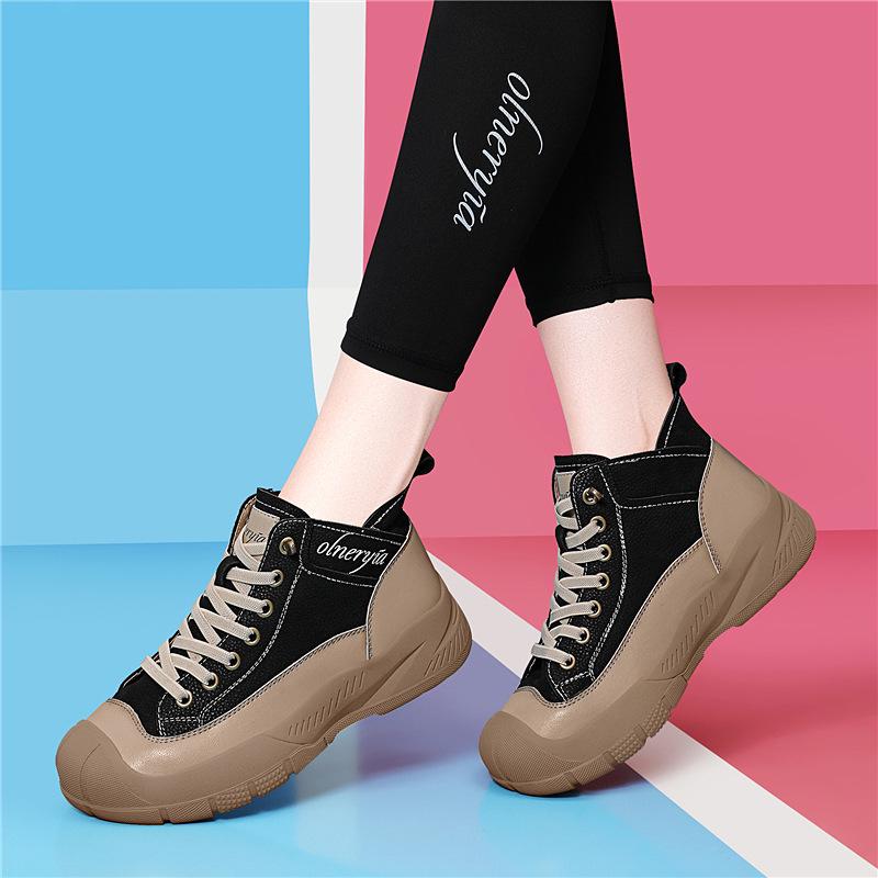 Golden Rabbit Genuine Leather High-Top Thick-Soled Women's Sneakers - 2025 Autumn/Winter Round-Toe Lace-Up Sports Casual Shoes.