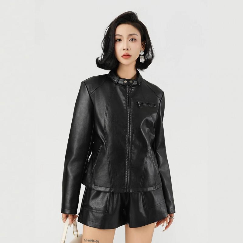 Womens Slim Fit PU Leather Jacket Urban Chic Office Wear Stand Collar Zipper Long Sleeve