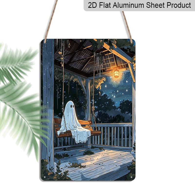 2D Flat, 1pc Decorative Sign & Plaque, Halloween Cartoon Ghost Swing Aluminum Sign, Halloween Wall Decor for Haunted House, Party, Home, Bathroom