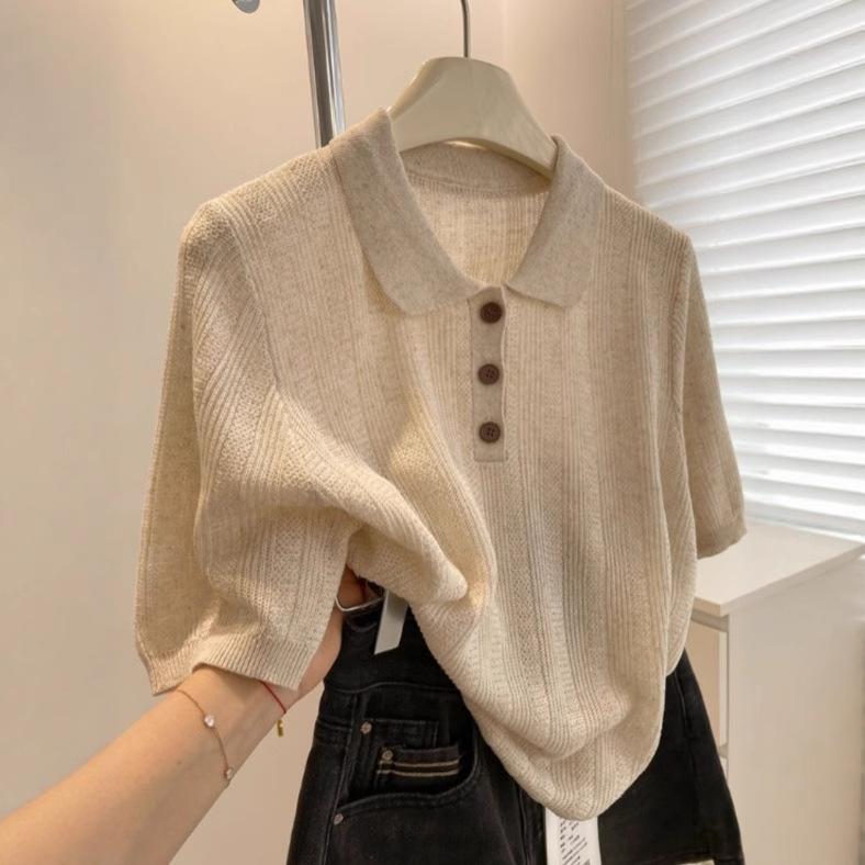 Summer Casual Polo Shirt Top Collar Knit Short Sleeved T-shirt for Women