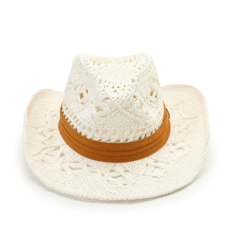 New hat hand-woven natural grass denim hat hollow strap top hat