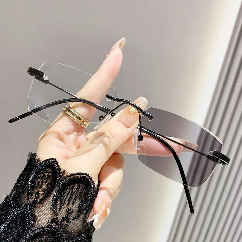 Men Women Rimless Pochromic Glasses Fashion Square Anti-blue Myopia Eyewear New Trend Ladies Color Changing Eyeglasses